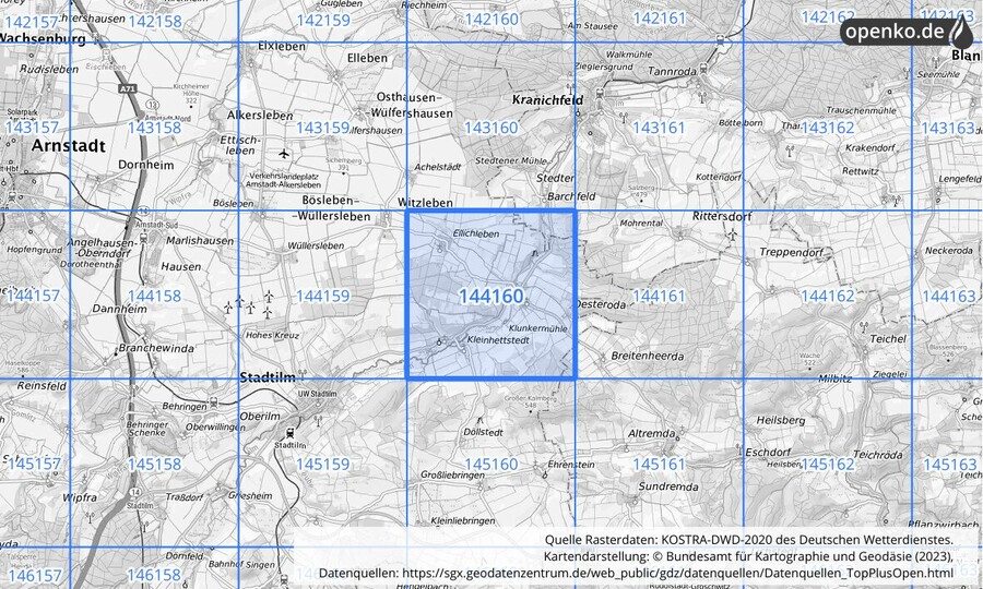 Übersichtskarte des KOSTRA-DWD-2020-Rasterfeldes Nr. 144160