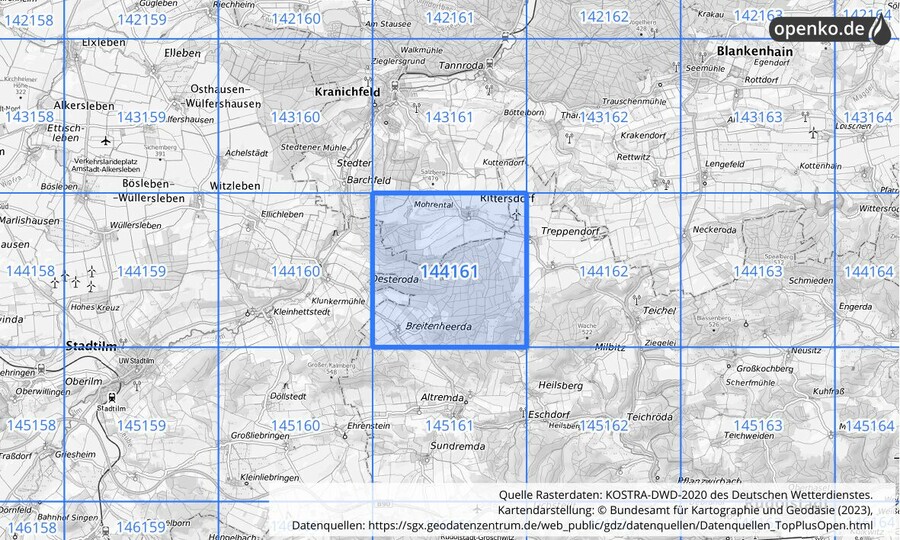 Übersichtskarte des KOSTRA-DWD-2020-Rasterfeldes Nr. 144161