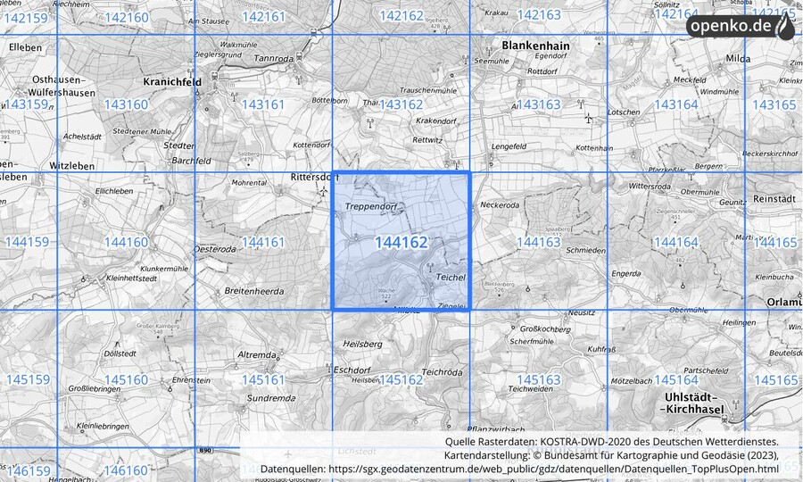 Übersichtskarte des KOSTRA-DWD-2020-Rasterfeldes Nr. 144162