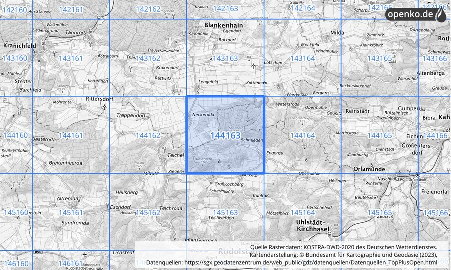 Übersichtskarte des KOSTRA-DWD-2020-Rasterfeldes Nr. 144163