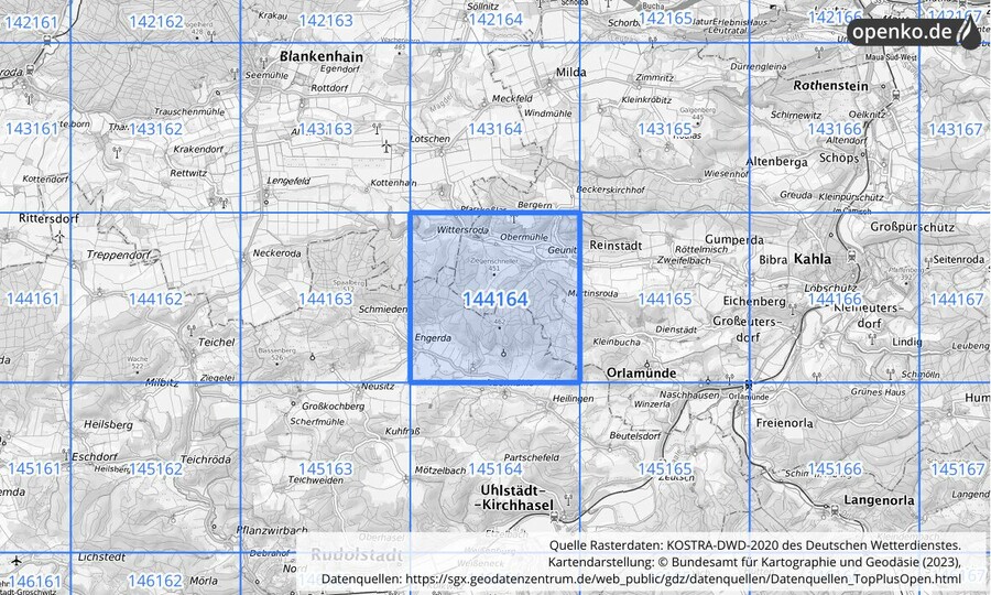 Übersichtskarte des KOSTRA-DWD-2020-Rasterfeldes Nr. 144164