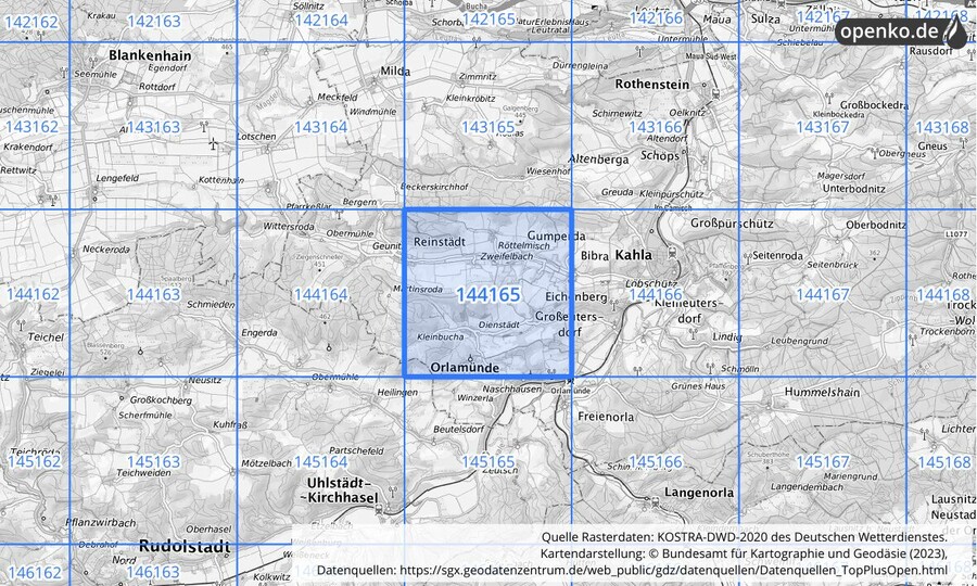 Übersichtskarte des KOSTRA-DWD-2020-Rasterfeldes Nr. 144165