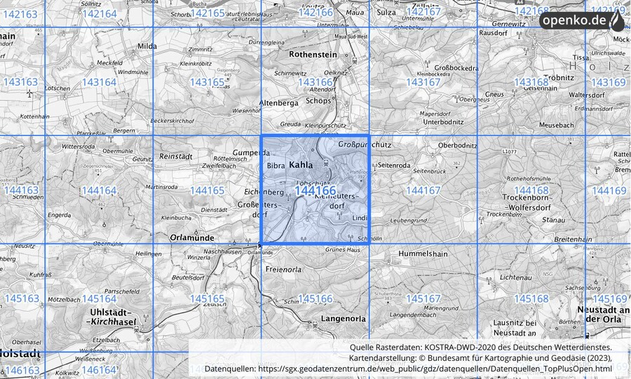 Übersichtskarte des KOSTRA-DWD-2020-Rasterfeldes Nr. 144166