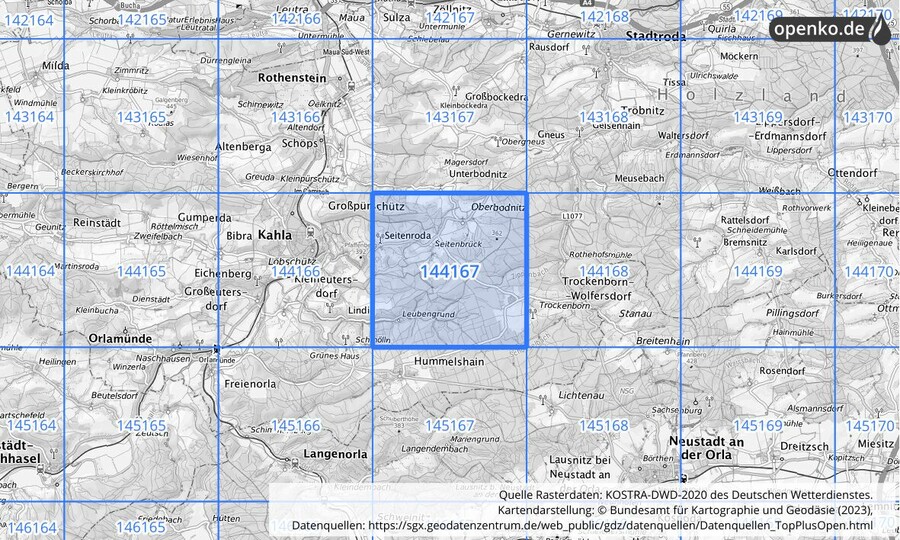 Übersichtskarte des KOSTRA-DWD-2020-Rasterfeldes Nr. 144167