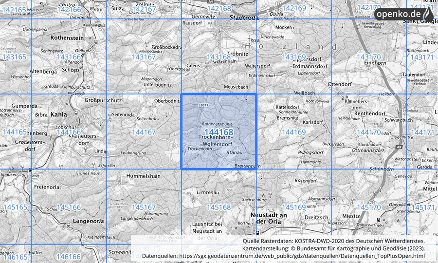 Übersichtskarte des KOSTRA-DWD-2020-Rasterfeldes Nr. 144168