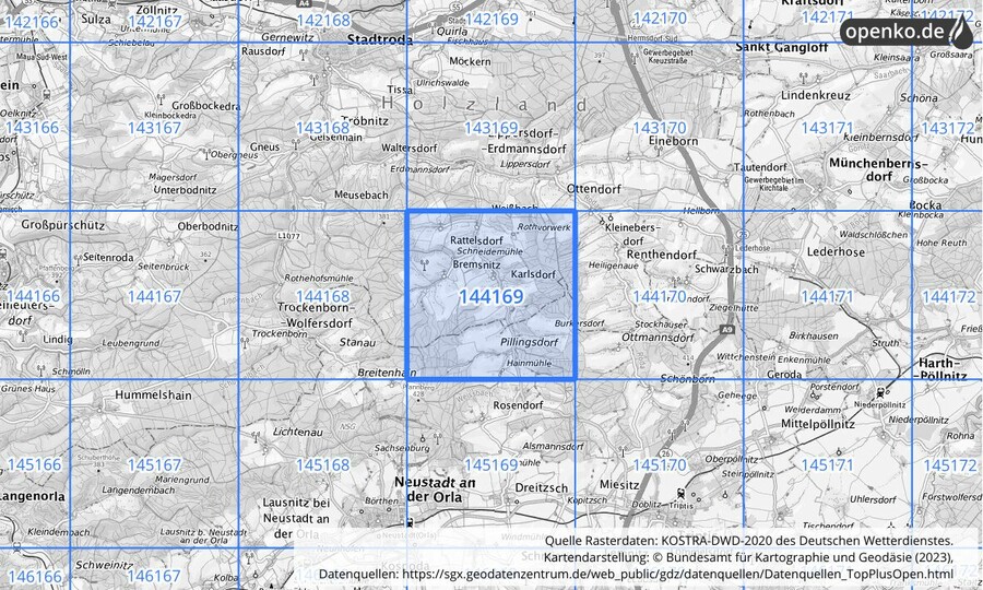 Übersichtskarte des KOSTRA-DWD-2020-Rasterfeldes Nr. 144169