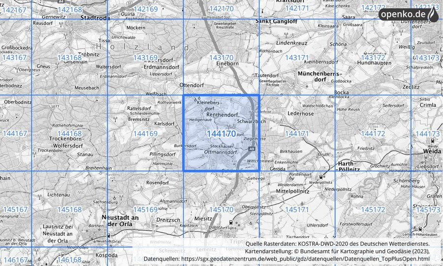Übersichtskarte des KOSTRA-DWD-2020-Rasterfeldes Nr. 144170