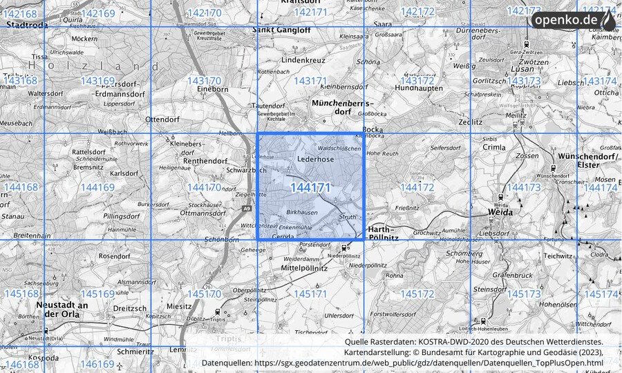 Übersichtskarte des KOSTRA-DWD-2020-Rasterfeldes Nr. 144171