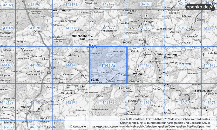 Übersichtskarte des KOSTRA-DWD-2020-Rasterfeldes Nr. 144172