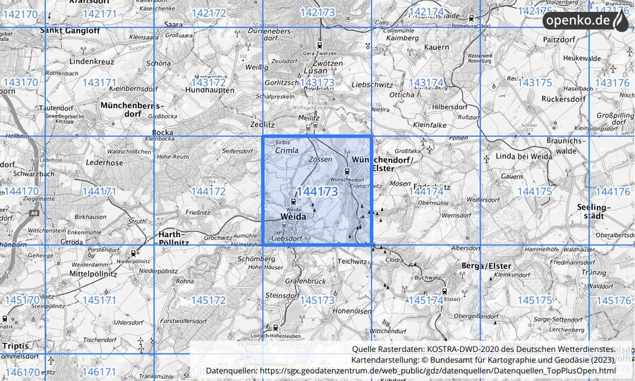 Übersichtskarte des KOSTRA-DWD-2020-Rasterfeldes Nr. 144173