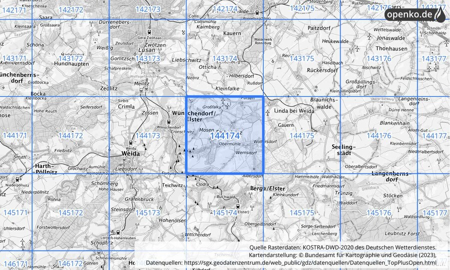 Übersichtskarte des KOSTRA-DWD-2020-Rasterfeldes Nr. 144174