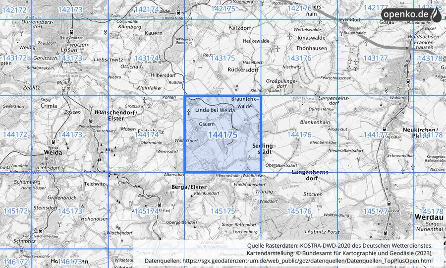 Übersichtskarte des KOSTRA-DWD-2020-Rasterfeldes Nr. 144175