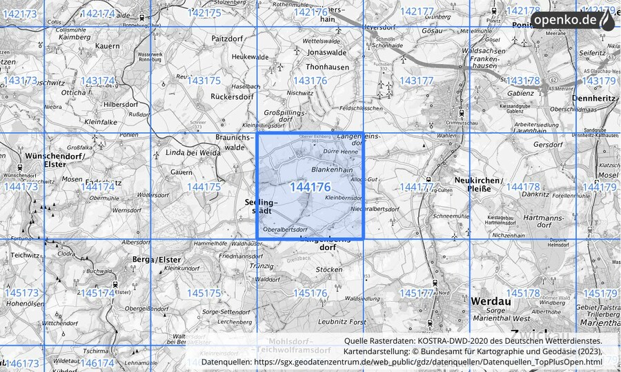 Übersichtskarte des KOSTRA-DWD-2020-Rasterfeldes Nr. 144176