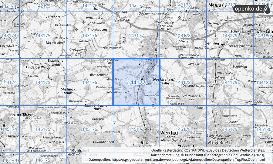 Übersichtskarte des KOSTRA-DWD-2020-Rasterfeldes Nr. 144177