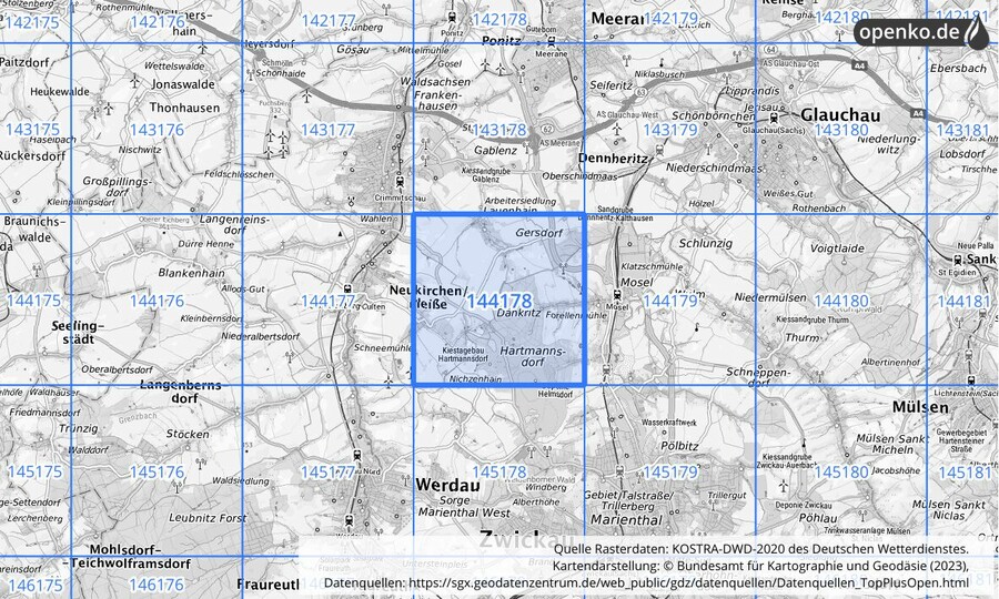 Übersichtskarte des KOSTRA-DWD-2020-Rasterfeldes Nr. 144178