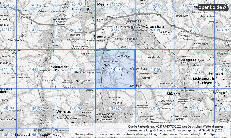 Übersichtskarte des KOSTRA-DWD-2020-Rasterfeldes Nr. 144179