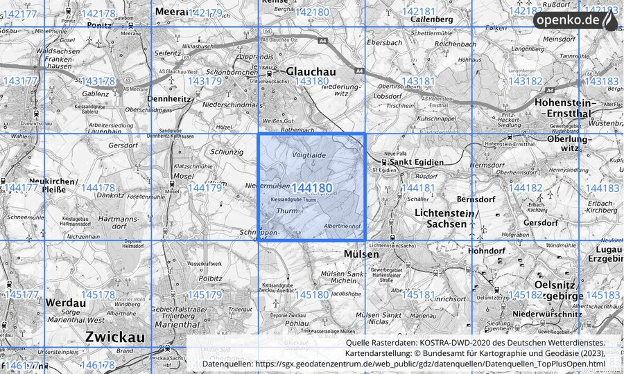 Übersichtskarte des KOSTRA-DWD-2020-Rasterfeldes Nr. 144180