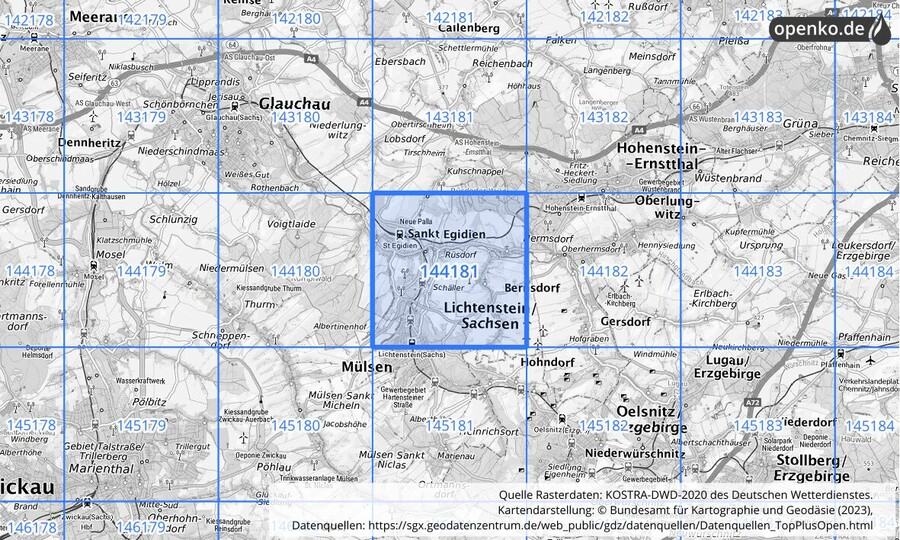 Übersichtskarte des KOSTRA-DWD-2020-Rasterfeldes Nr. 144181