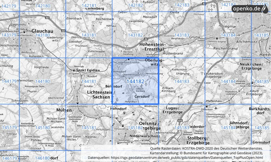 Übersichtskarte des KOSTRA-DWD-2020-Rasterfeldes Nr. 144182