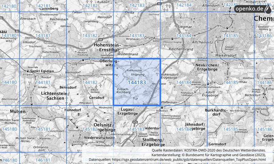 Übersichtskarte des KOSTRA-DWD-2020-Rasterfeldes Nr. 144183