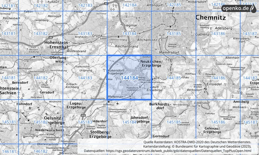 Übersichtskarte des KOSTRA-DWD-2020-Rasterfeldes Nr. 144184