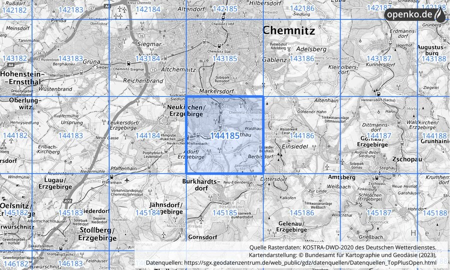 Übersichtskarte des KOSTRA-DWD-2020-Rasterfeldes Nr. 144185