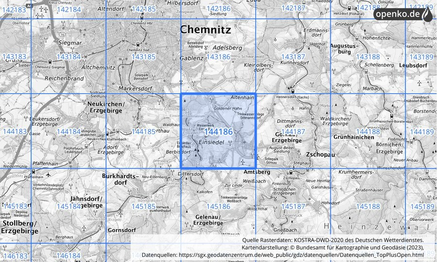 Übersichtskarte des KOSTRA-DWD-2020-Rasterfeldes Nr. 144186