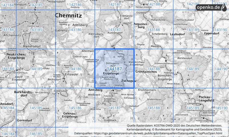 Übersichtskarte des KOSTRA-DWD-2020-Rasterfeldes Nr. 144187