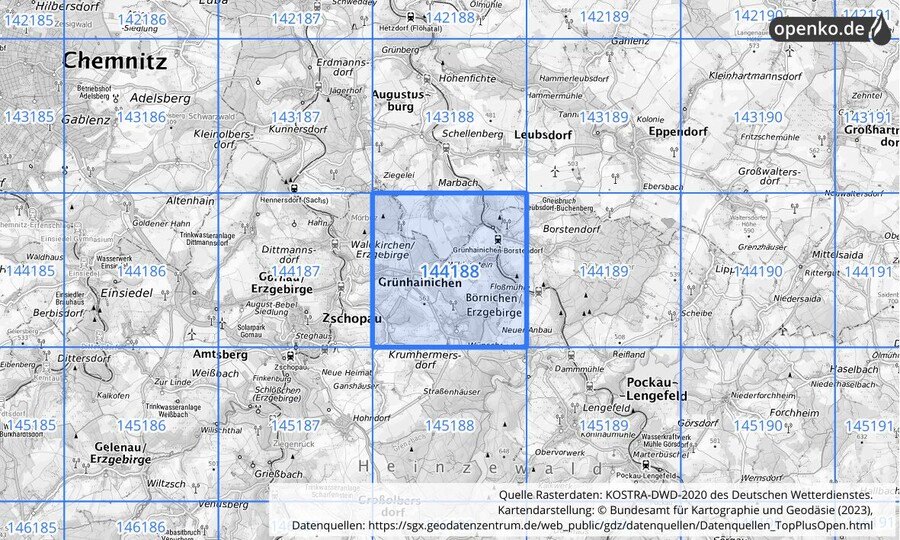 Übersichtskarte des KOSTRA-DWD-2020-Rasterfeldes Nr. 144188