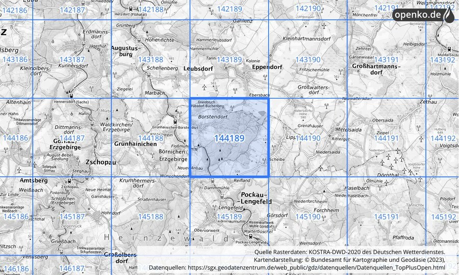 Übersichtskarte des KOSTRA-DWD-2020-Rasterfeldes Nr. 144189