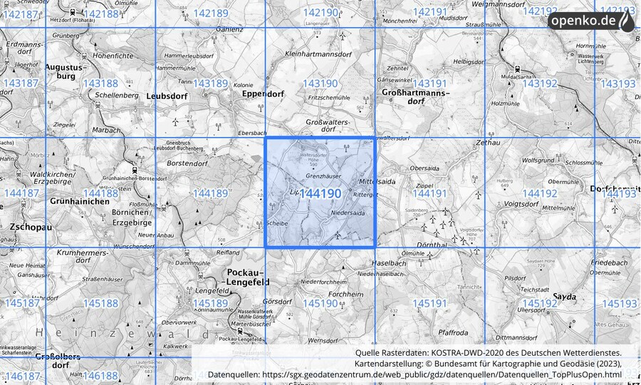 Übersichtskarte des KOSTRA-DWD-2020-Rasterfeldes Nr. 144190