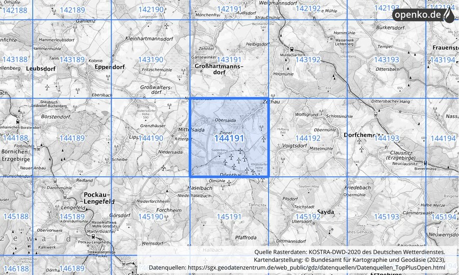 Übersichtskarte des KOSTRA-DWD-2020-Rasterfeldes Nr. 144191