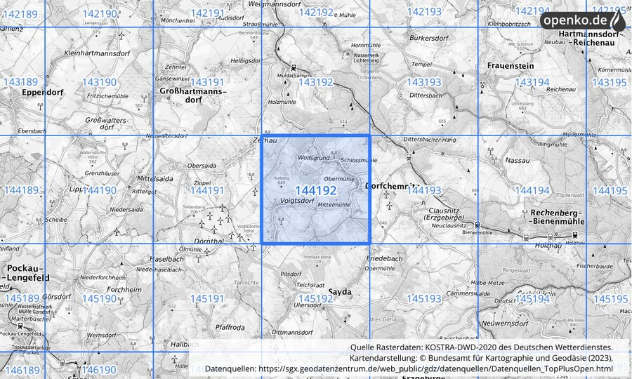 Übersichtskarte des KOSTRA-DWD-2020-Rasterfeldes Nr. 144192