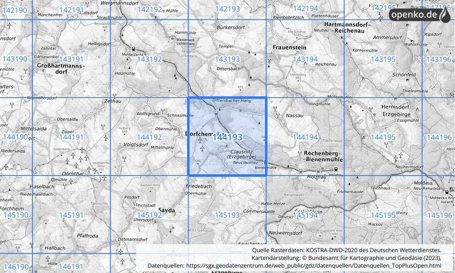 Übersichtskarte des KOSTRA-DWD-2020-Rasterfeldes Nr. 144193