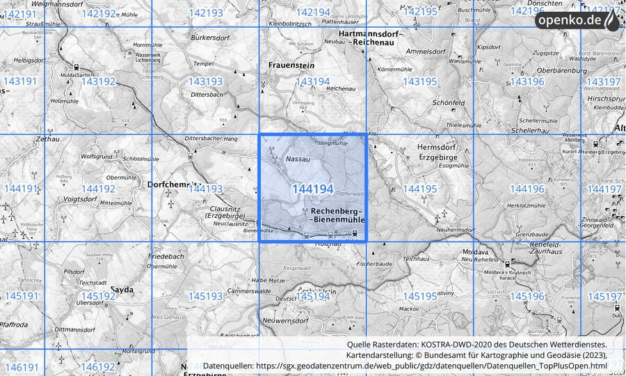 Übersichtskarte des KOSTRA-DWD-2020-Rasterfeldes Nr. 144194