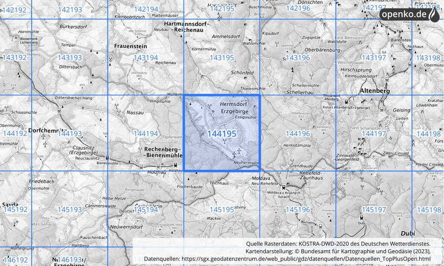 Übersichtskarte des KOSTRA-DWD-2020-Rasterfeldes Nr. 144195