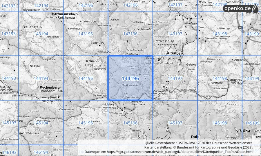 Übersichtskarte des KOSTRA-DWD-2020-Rasterfeldes Nr. 144196