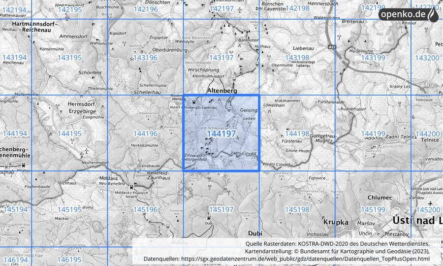 Übersichtskarte des KOSTRA-DWD-2020-Rasterfeldes Nr. 144197