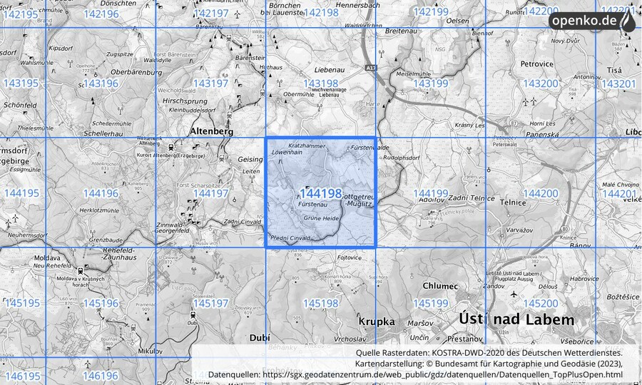 Übersichtskarte des KOSTRA-DWD-2020-Rasterfeldes Nr. 144198