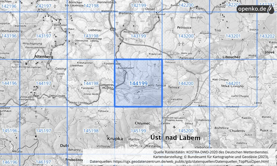 Übersichtskarte des KOSTRA-DWD-2020-Rasterfeldes Nr. 144199