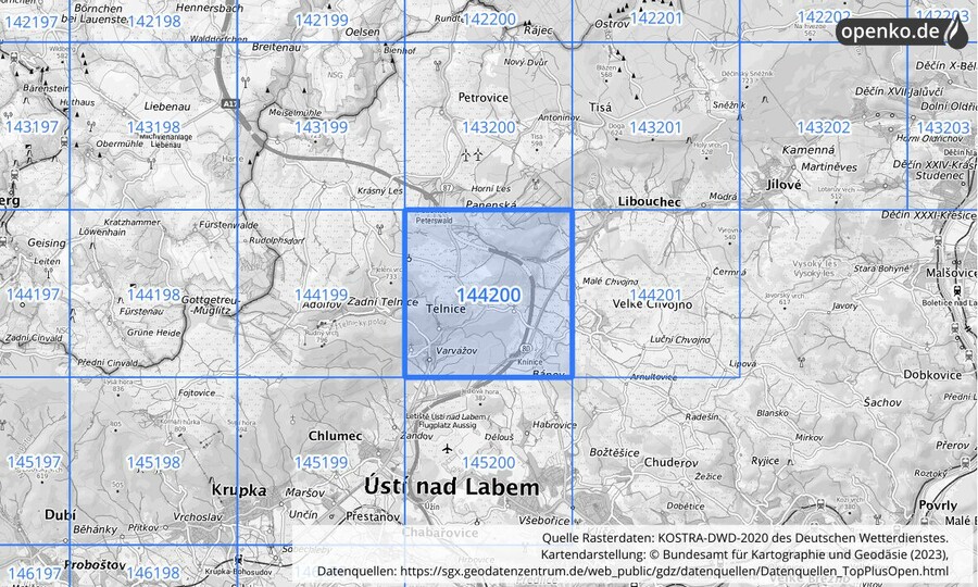 Übersichtskarte des KOSTRA-DWD-2020-Rasterfeldes Nr. 144200