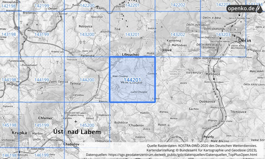 Übersichtskarte des KOSTRA-DWD-2020-Rasterfeldes Nr. 144201