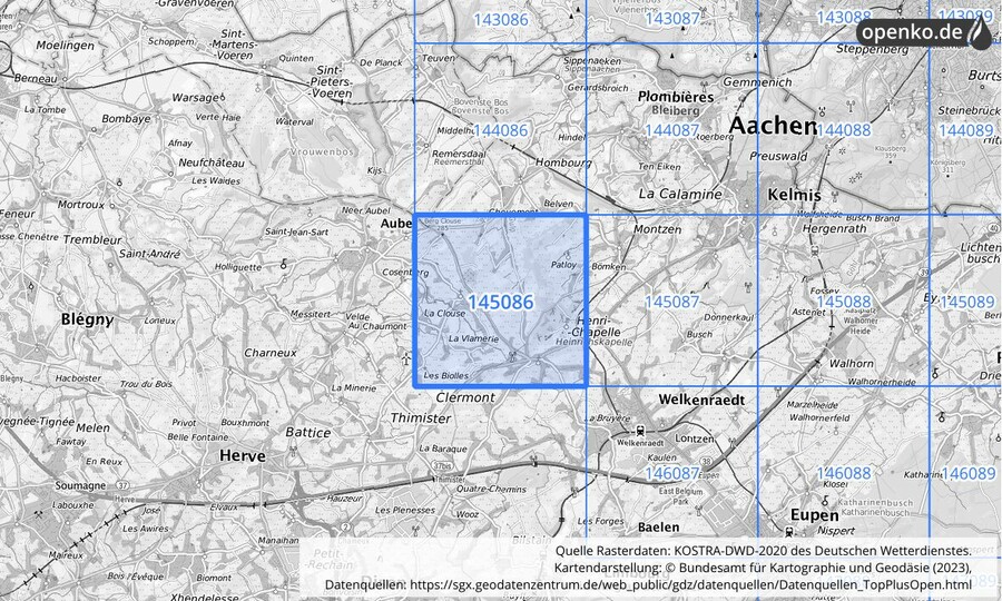 Übersichtskarte des KOSTRA-DWD-2020-Rasterfeldes Nr. 145086