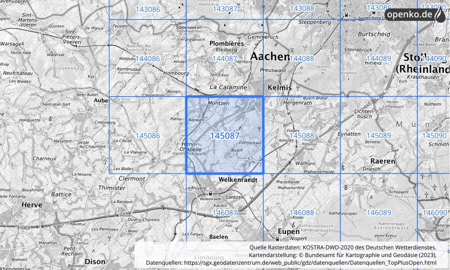 Übersichtskarte des KOSTRA-DWD-2020-Rasterfeldes Nr. 145087