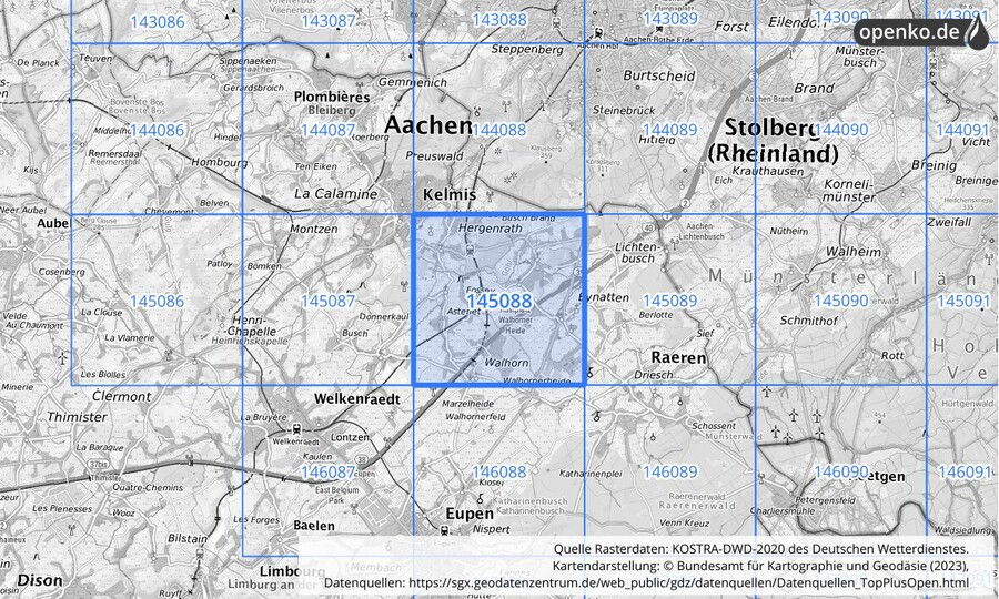 Übersichtskarte des KOSTRA-DWD-2020-Rasterfeldes Nr. 145088