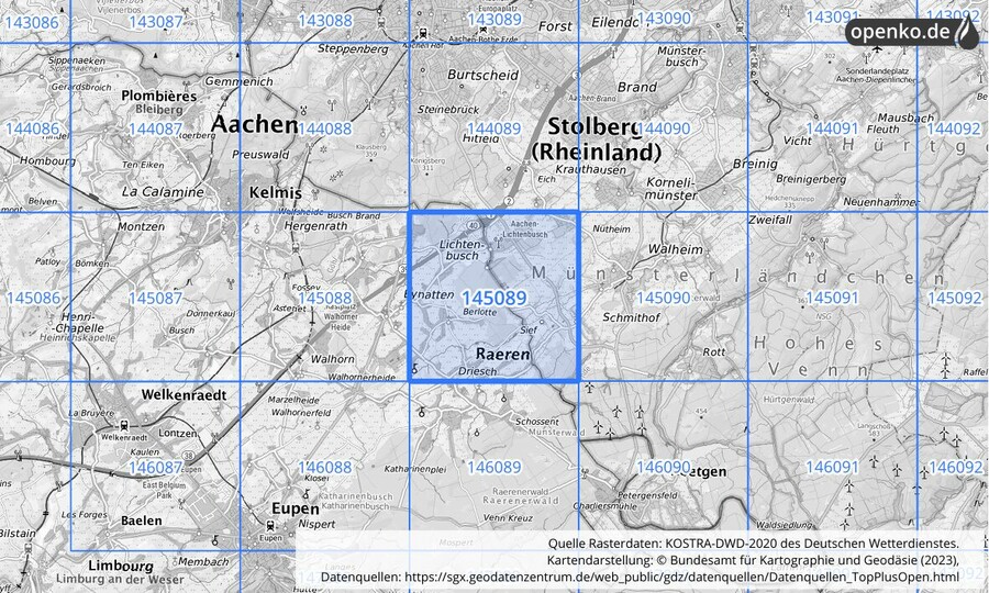 Übersichtskarte des KOSTRA-DWD-2020-Rasterfeldes Nr. 145089