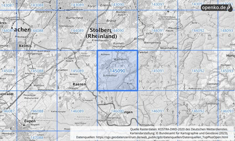 Übersichtskarte des KOSTRA-DWD-2020-Rasterfeldes Nr. 145090