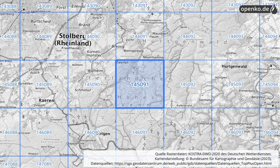 Übersichtskarte des KOSTRA-DWD-2020-Rasterfeldes Nr. 145091