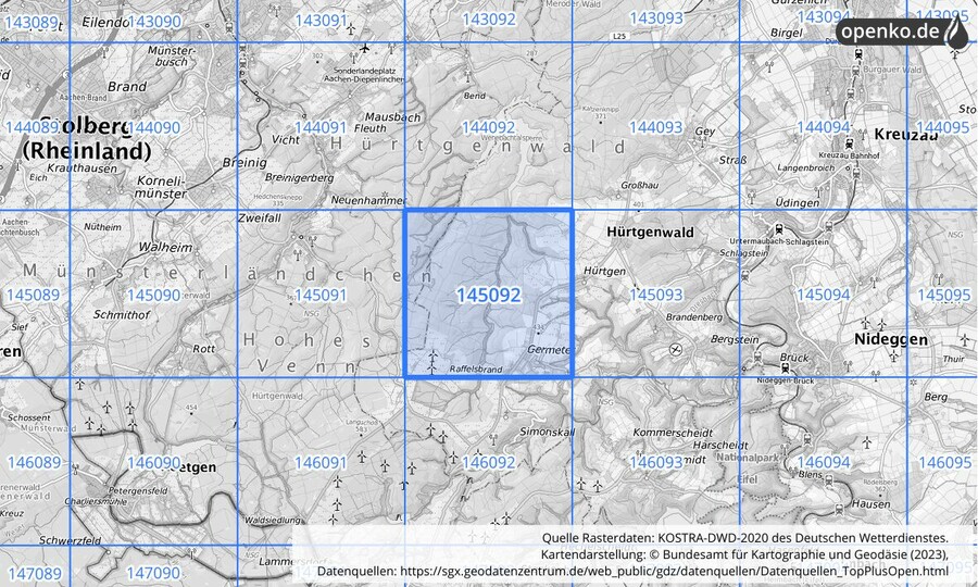 Übersichtskarte des KOSTRA-DWD-2020-Rasterfeldes Nr. 145092