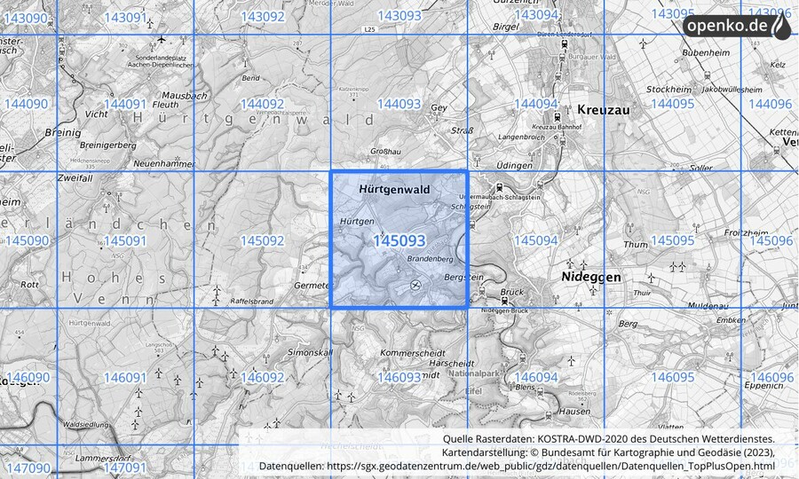 Übersichtskarte des KOSTRA-DWD-2020-Rasterfeldes Nr. 145093